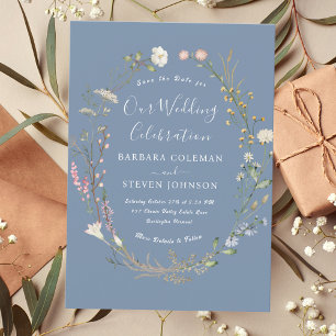 Rustic Chic Boho Wildflower Periwinkle Wedding Invitation