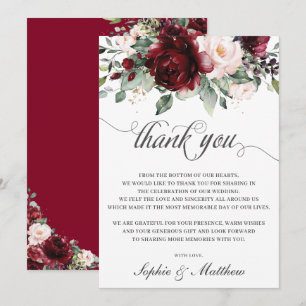 Rustic Chic Burgundy Blush Floral Wedding Bridal   Thank You Card