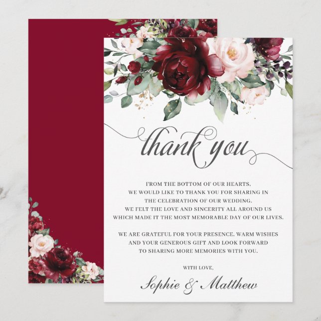 Rustic Chic Burgundy Blush Floral Wedding Bridal   Thank You Card (Front/Back)