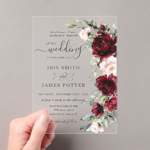 Rustic Chic Burgundy Blush Pink Floral Wedding Acrylic Invitations