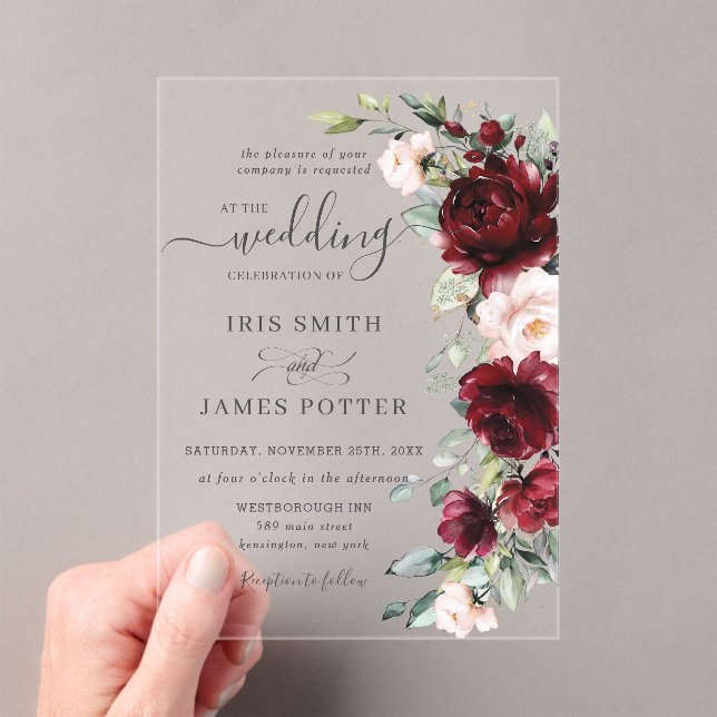 Rustic Chic Burgundy Blush Pink Floral Wedding Acrylic Invitations (Insitu (Handheld))