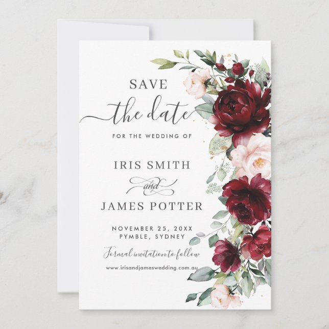 Rustic Chic Burgundy Blush Pink Floral Wedding Save The Date (Front)