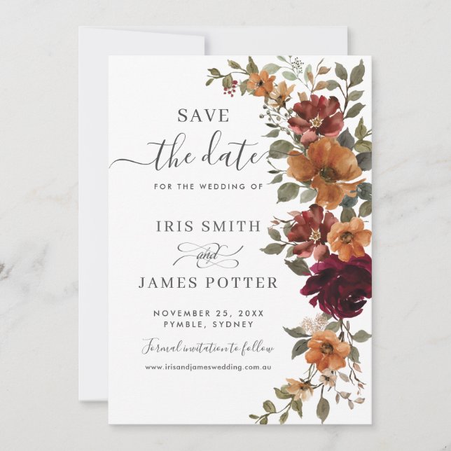 Rustic Chic Burgundy Burnt Orange Floral Wedding Save The Date (Front)