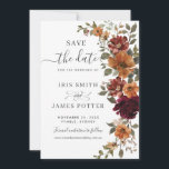 Rustic Chic Burgundy Burnt Orange Floral Wedding Save The Date<br><div class="desc">Announce your day with this elegant save the date card! This Wedding Save the Date Card showcases a stunning watercolor floral arrangement in rich burgundy and warm rust orange hues. Perfectly designed to match our Sunset Burgundy wedding collection, you can easily personalise it with your details. Simply press the "Edit...</div>
