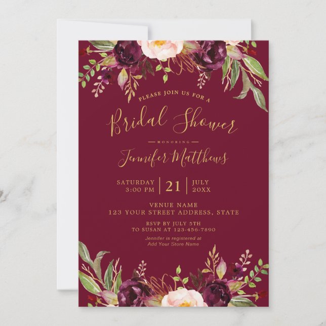 Rustic Chic Burgundy Floral Bridal Shower Invitation (Front)