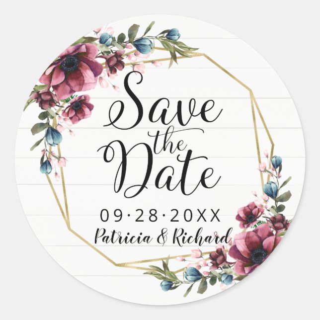Rustic Chic Burgundy Floral Save The Date Classic  Classic Round Sticker (Front)