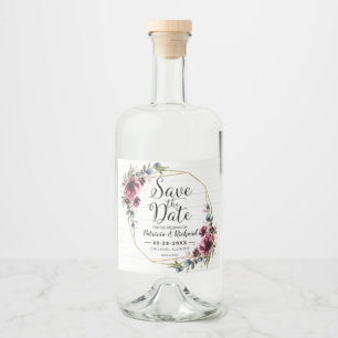 Rustic Chic Burgundy Floral Wedding Save The Date Liquor Bottle Label
