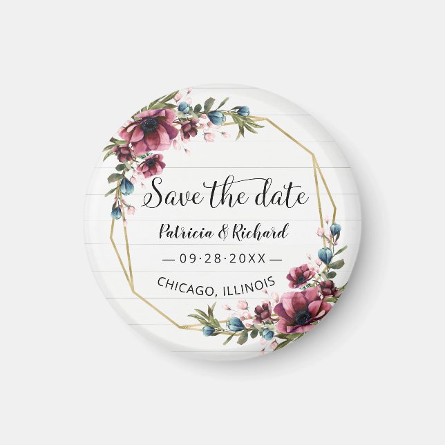 Rustic Chic Burgundy Floral Wedding Save The Date Magnet (Front)