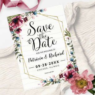 Rustic Chic Burgundy Floral Wedding Save The Date Postcard