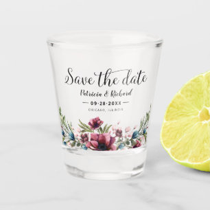 Rustic Chic Burgundy Floral Wedding Save The Date Shot Glass