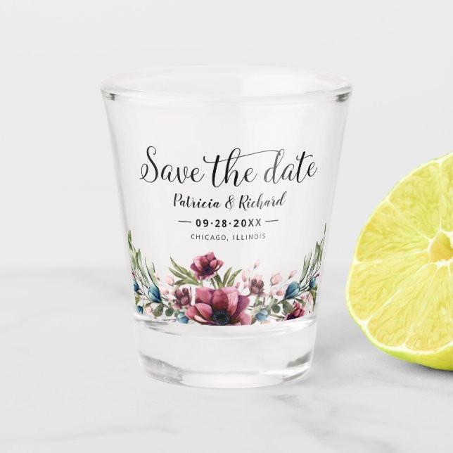 Rustic Chic Burgundy Floral Wedding Save The Date Shot Glass (Front)