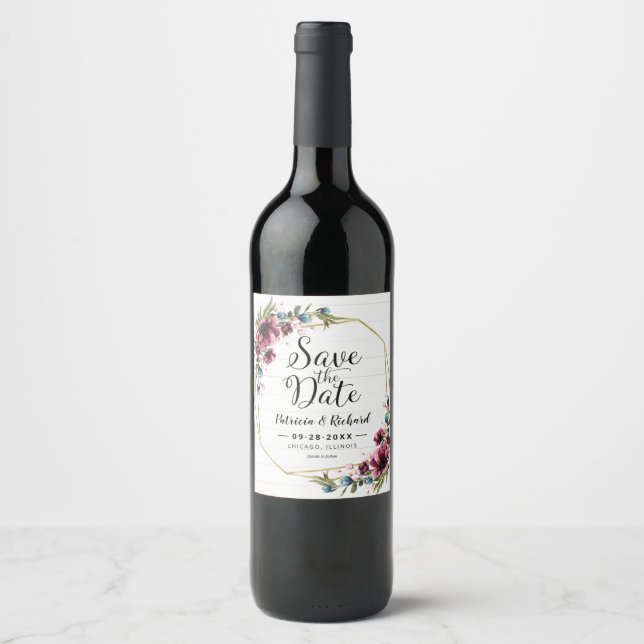 Rustic Chic Burgundy Floral Wedding Save The Date Wine Label (Front)