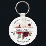 Rustic Chic Burgundy Red Blush Pink Personalised Key Ring<br><div class="desc">Rustic chic burgundy red and blush pink roses are surrounded by green leaves and vines. The bridesmaid's name divides the roses in half. The bride's name and wedding is written in curved text above the roses bridesmaid is written in curved text below. This keychain is part of the Autumn Rose...</div>