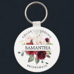 Rustic Chic Burgundy Red Blush Pink Personalised Key Ring<br><div class="desc">Rustic chic burgundy red and blush pink roses are surrounded by green leaves and vines. The bridesmaid's name divides the roses in half. The bride's name and wedding is written in curved text above the roses bridesmaid is written in curved text below. This keychain is part of the Autumn Rose...</div>