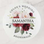 Rustic Chic Burgundy Red Blush Pink Personalised Trinket Trays<br><div class="desc">Rustic chic burgundy red and blush pink roses are surrounded by green leaves and vines. The bridesmaid's name divides the roses in half. The bride's name and wedding is written in curved text above the roses bridesmaid is written in curved text below. This trinket tray is part of the Autumn...</div>