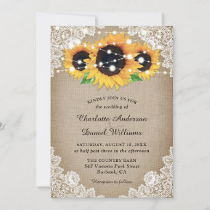 Rustic Chic Burlap and Lace Sunflower Wedding Invitation