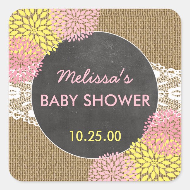 Rustic Chic burlap pink yellow baby shower favour Square Sticker (Front)