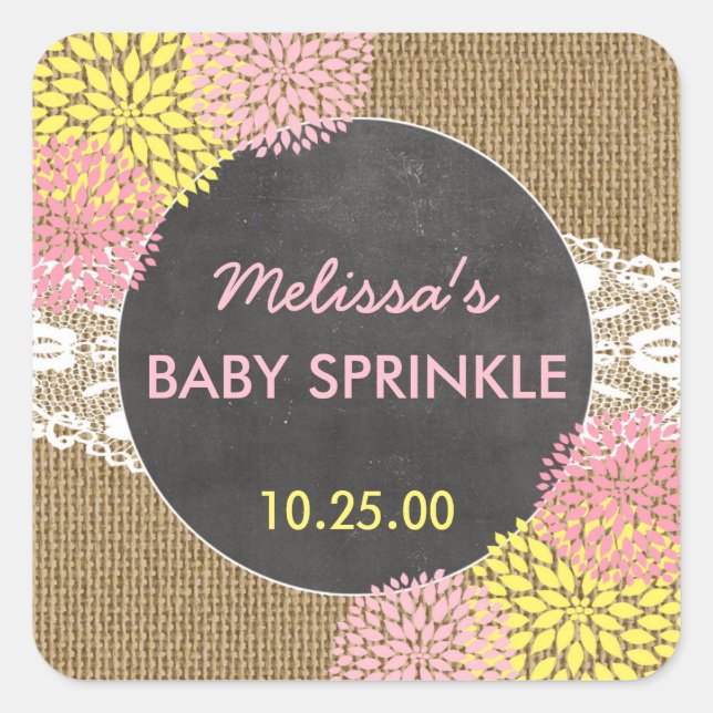 Rustic Chic burlap pink yellow baby sprinkle favou Square Sticker (Front)
