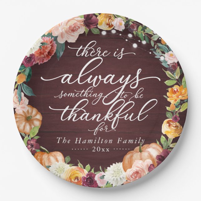 Rustic Chic Calligraphy Floral Thanksgiving Dinner Paper Plate (Front)