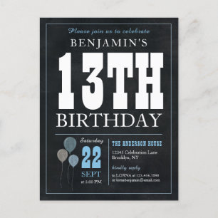 Rustic Chic Chalkboard Blue Balloon 13th Birthday Postcard