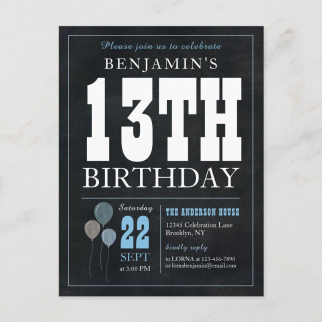 Rustic Chic Chalkboard Blue Balloon 13th Birthday  Postcard (Front)