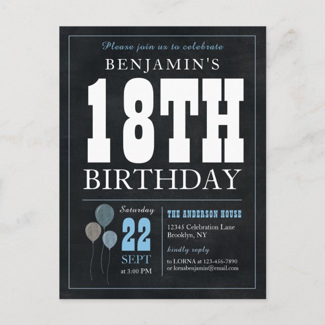 Rustic Chic Chalkboard Blue Balloon 18th Birthday  Postcard (Front)