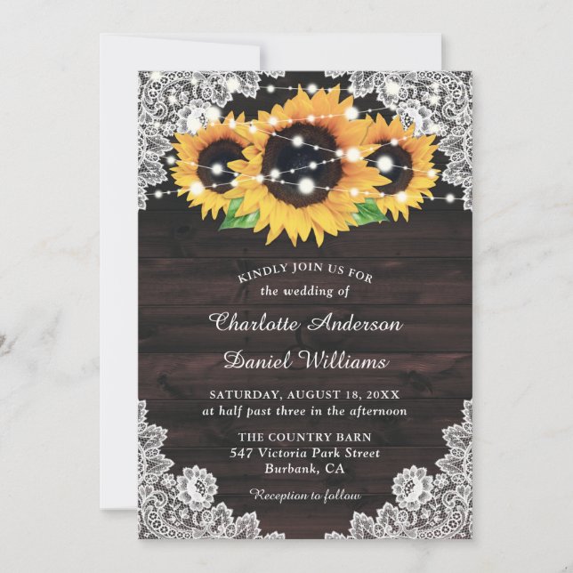 Rustic Chic Country Wood Lace Sunflower Wedding Invitation (Front)