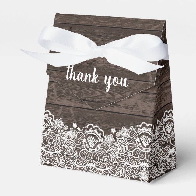 Rustic Chic Dark Brown Wood White Lace Wedding Favour Box (Front Side)