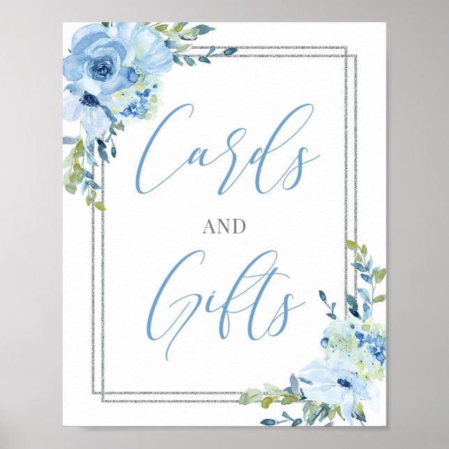Rustic chic dusty blue floral cards and gifts sign (Front)
