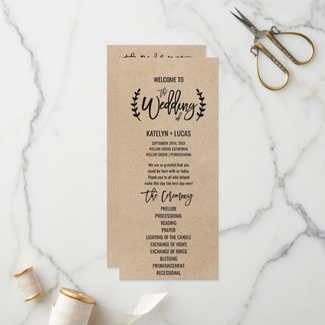 Rustic Chic Faux Kraft Calligraphy Wedding Program Programme (Front/Back In Situ)