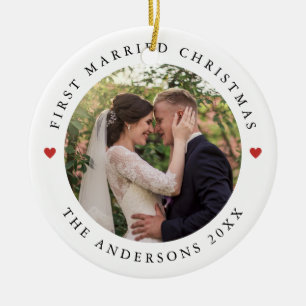 Rustic Chic First Married Christmas with Photo Ceramic Tree Decoration