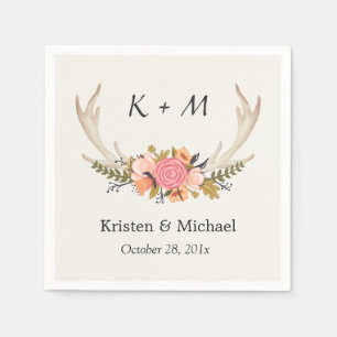 Rustic Chic Floral Deer Antler Wedding Monogram Napkin