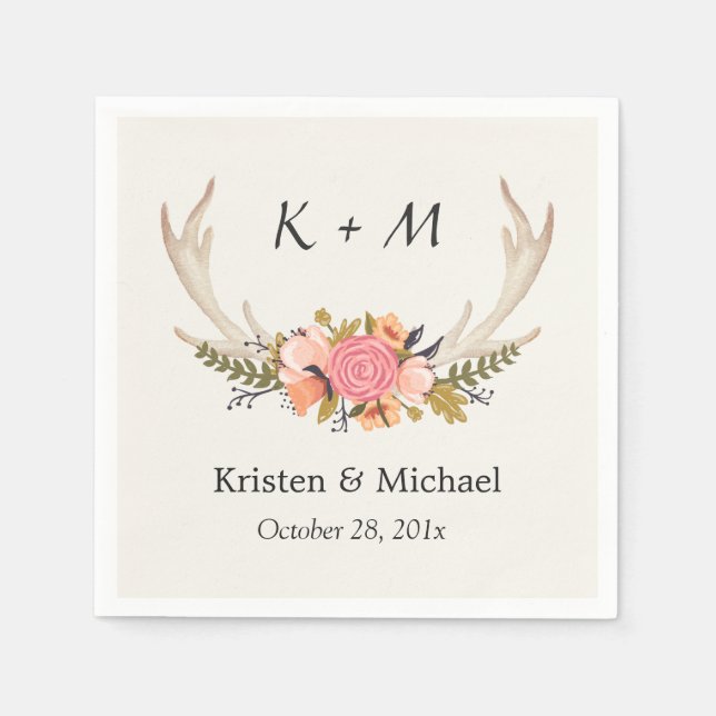 Rustic Chic Floral Deer Antler Wedding Monogram Napkin (Front)