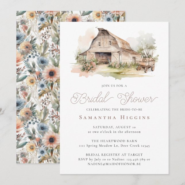 Rustic Chic Floral Farmhouse Barn Bridal Shower Invitation (Front/Back)