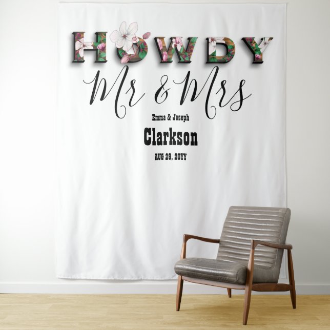 Rustic Chic Floral Howdy Mr and Mrs Photo Backdrop Tapestry (In Situ)