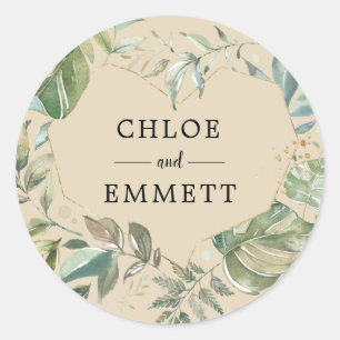 Rustic Chic Green Gold Botanical Heart Wedding Classic Round Sticker