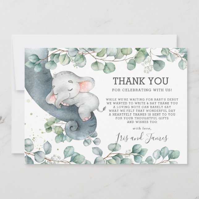 Rustic Chic Greenery Elephant Baby Shower Girl Thank You Card (Front)