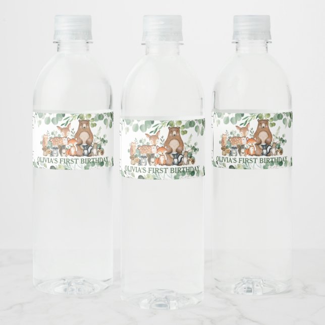 Rustic Chic Greenery Woodland Animals Birthday  Water Bottle Label (Bottles)