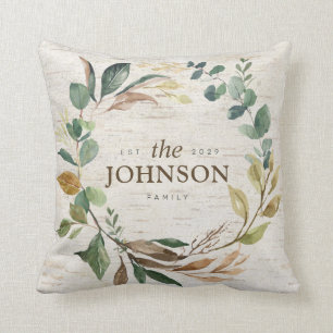 Rustic Chic Greenery Wreath Family Est. Monogram Cushion
