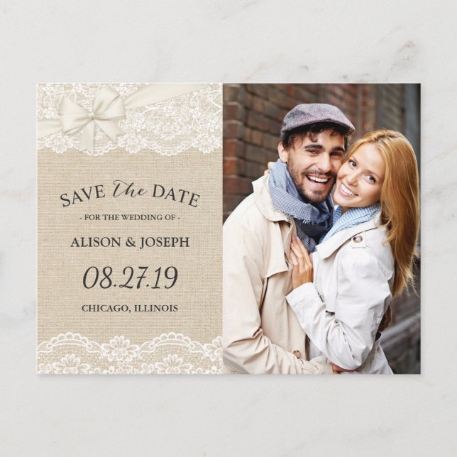 Rustic Chic Ivory Burlap Lace Save the Date Photo Announcement Postcard (Front)