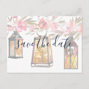 Rustic Chic Lantern Rose Gold Floral Save the Date Announcement Postcard