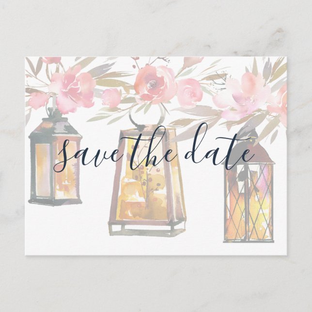 Rustic Chic Lantern Rose Gold Floral Save the Date Announcement Postcard (Front)