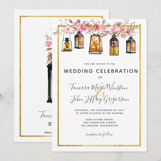 Rustic Chic Lanterns Rose Gold Floral Wedding Invitation (Front/Back)
