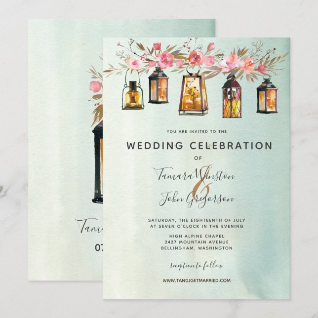 Rustic Chic Lanterns  Watercolor Floral Wedding Invitation (Front/Back)