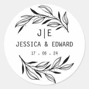 Rustic Chic Leaf Ampersand Couple Initials Script Classic Round Sticker