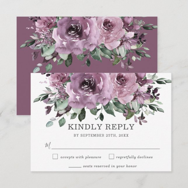 Rustic Chic Mauve Purple Floral Greenery Wedding RSVP Card (Front/Back)