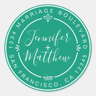 Rustic Chic Monogram Names Return Address Green Classic Round Sticker