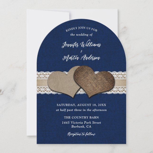 Rustic Chic Navy Blue Burlap Hearts Lace Wedding Invitation (Front)