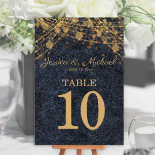 Rustic Chic Navy Blue Gold String LIghts Wedding Table Number