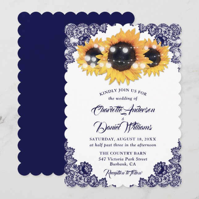 Rustic Chic Navy Blue Lace Sunflower Wedding Invitation (Front/Back)